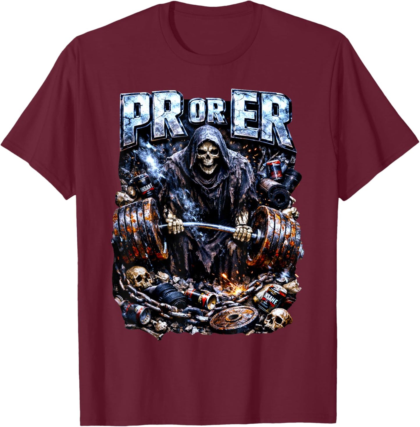 PR or ER Grim Reaper Gym Meme Weightlifting Skeleton T-Shirt - T-Shirt | Maroon