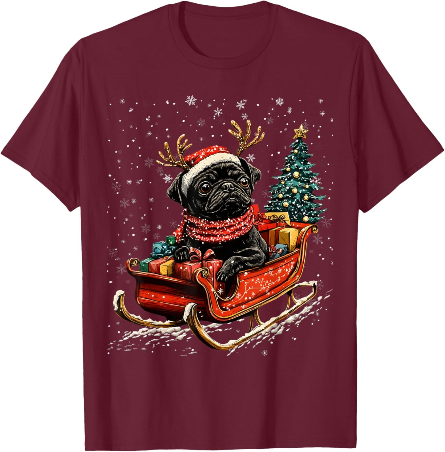 Santa Black Pug reindeer Light Christmas T-Shirt - T-Shirt | Maroon