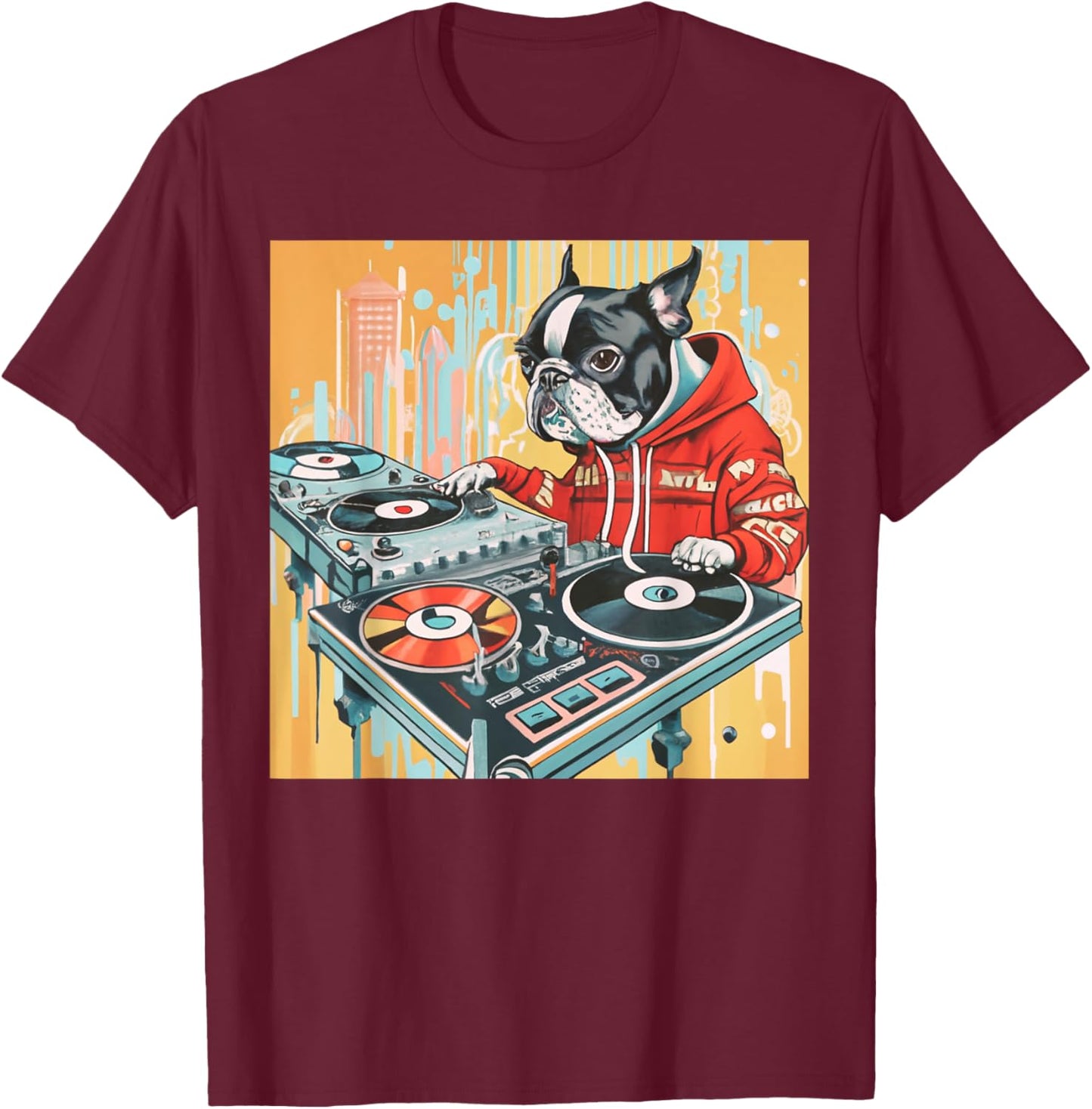 Boston Terrier DJ Turntables Cool Dog Men Women Kids T-Shirt - T-Shirt | Maroon