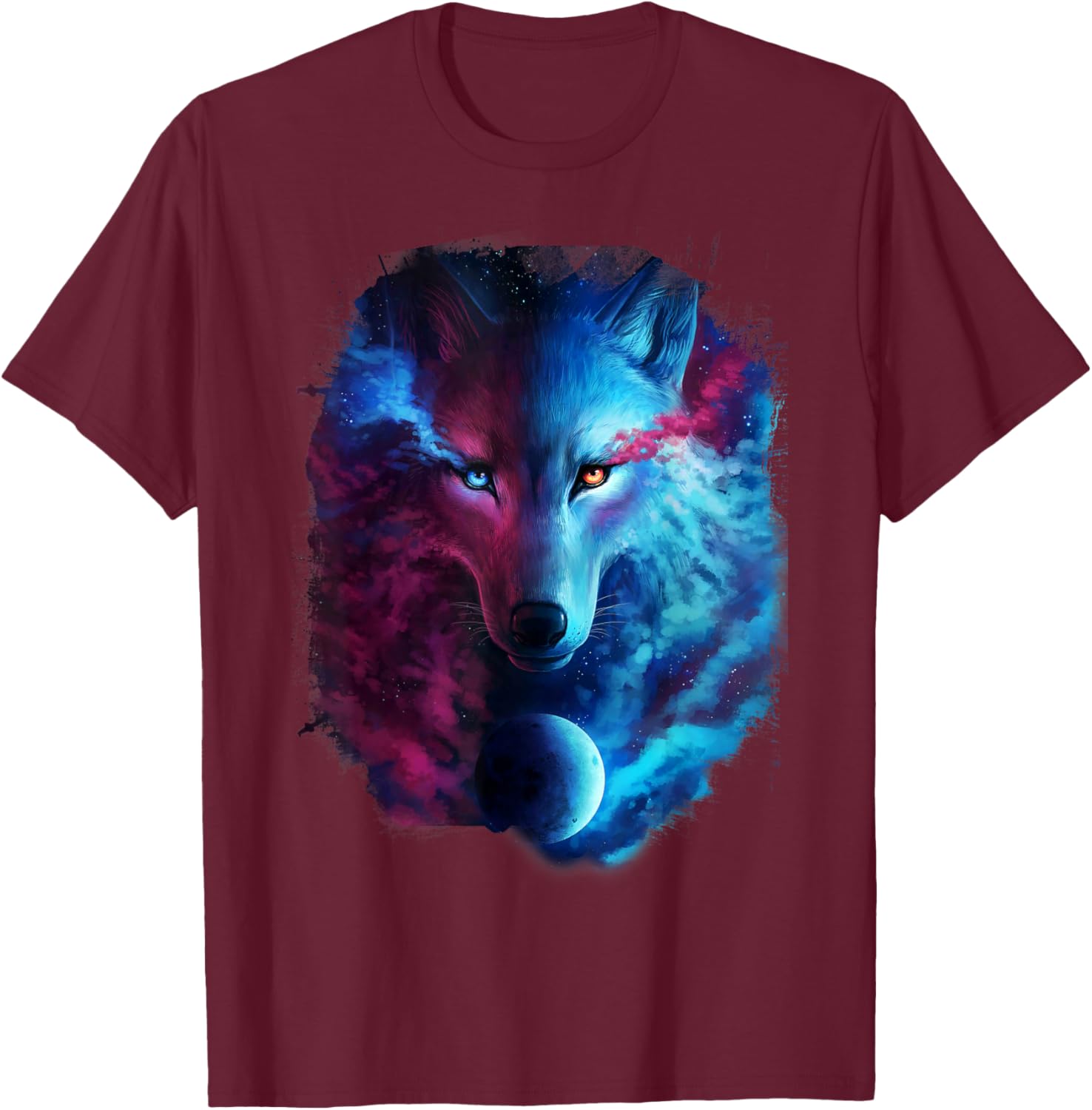 Random Galaxy, Light Dark Wolves, Ice Fire, Wolf T-Shirt - T-Shirt | Maroon