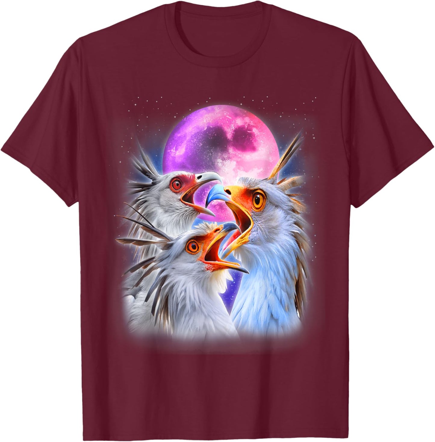 3 Secretary Bird Howling At The Moon Funny Bird Lover Birder T-Shirt - T-Shirt | Maroon