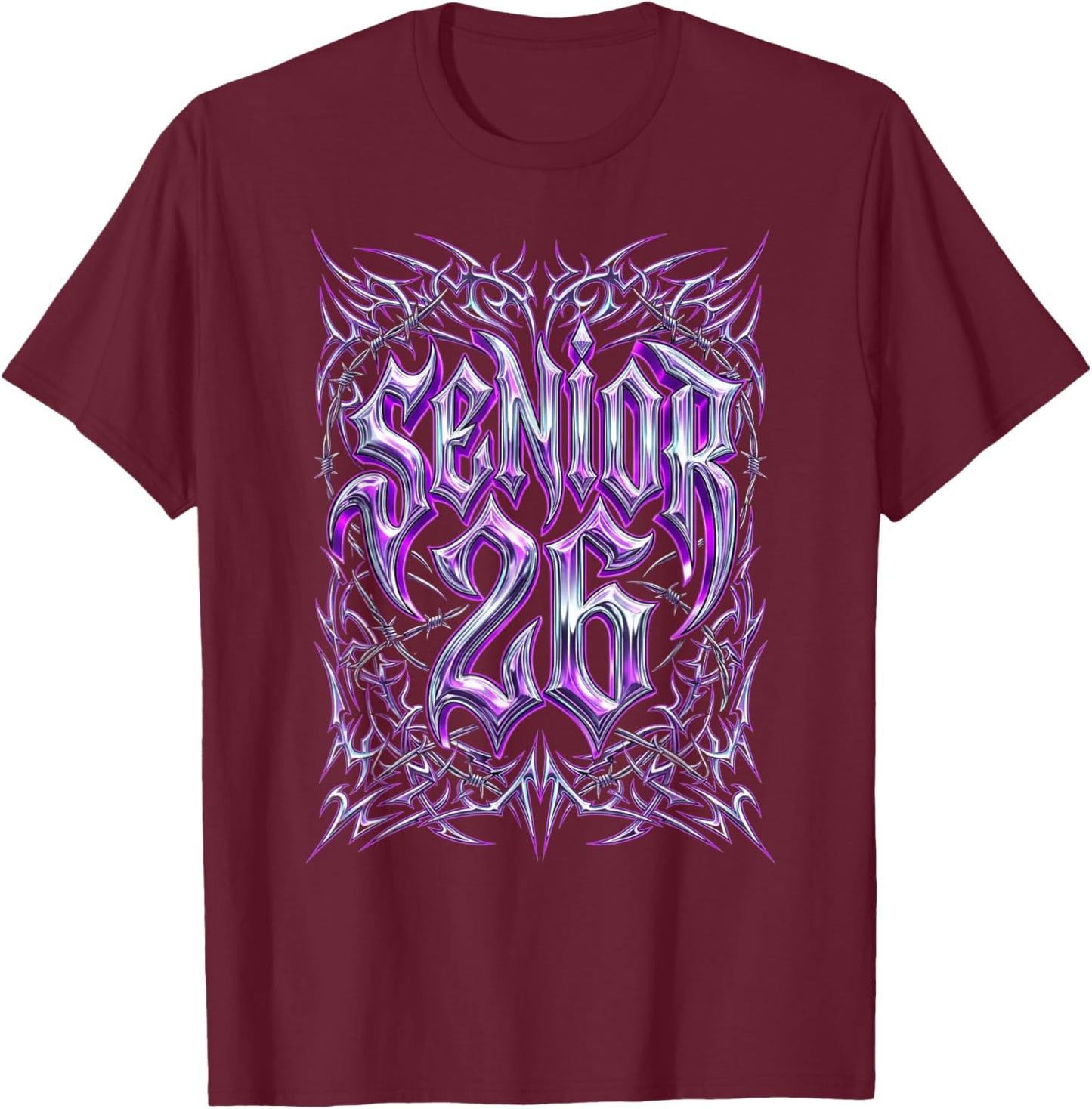 Senior 2026 26 Cyber Goth Heavy Metal Streetwear Graduation T-Shirt - T-Shirt | Maroon