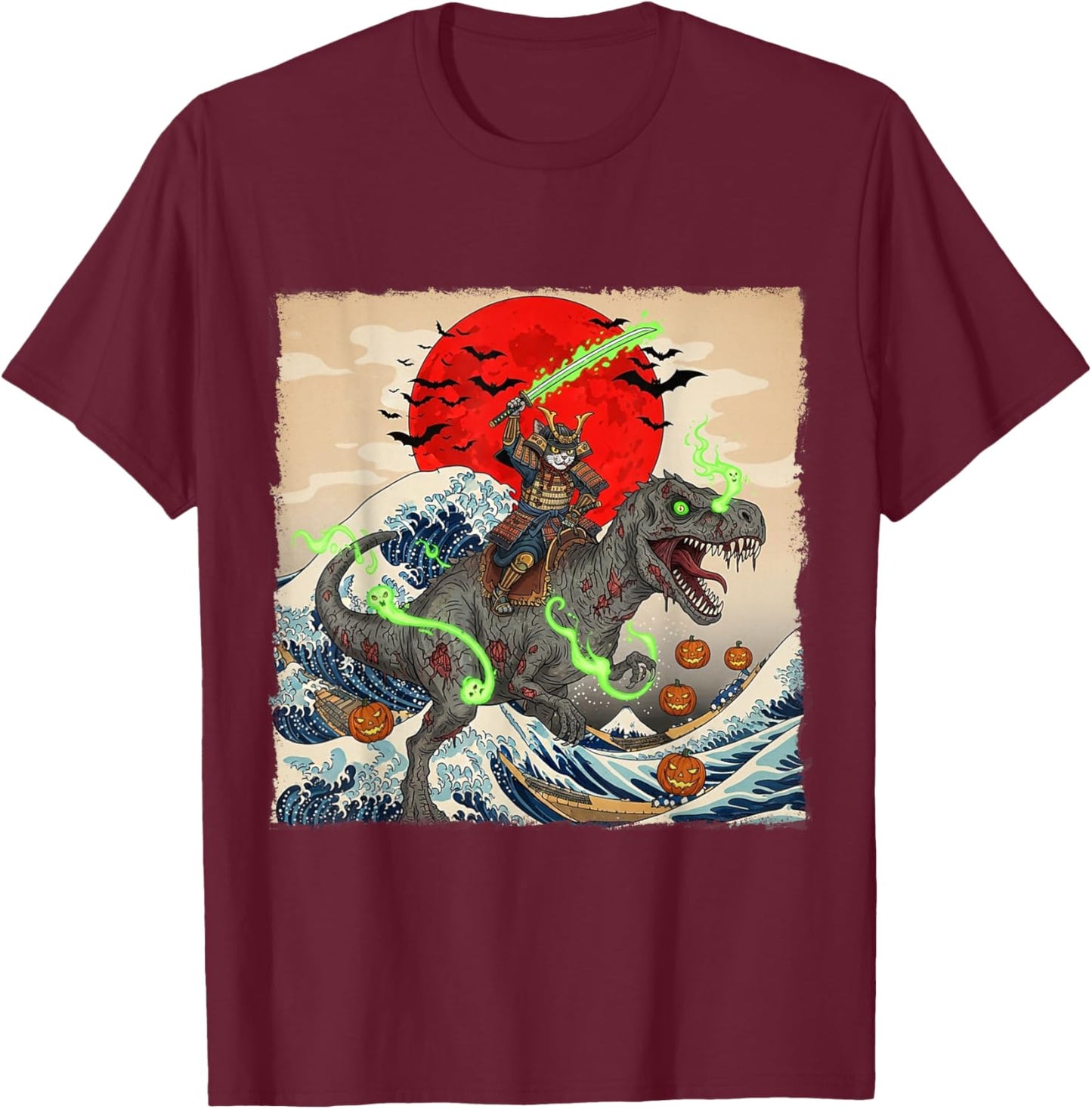 Samurai Cat vs Zombie Dinosaur Spooky Ukiyo-e Halloween T-Shirt - T-Shirt | Maroon