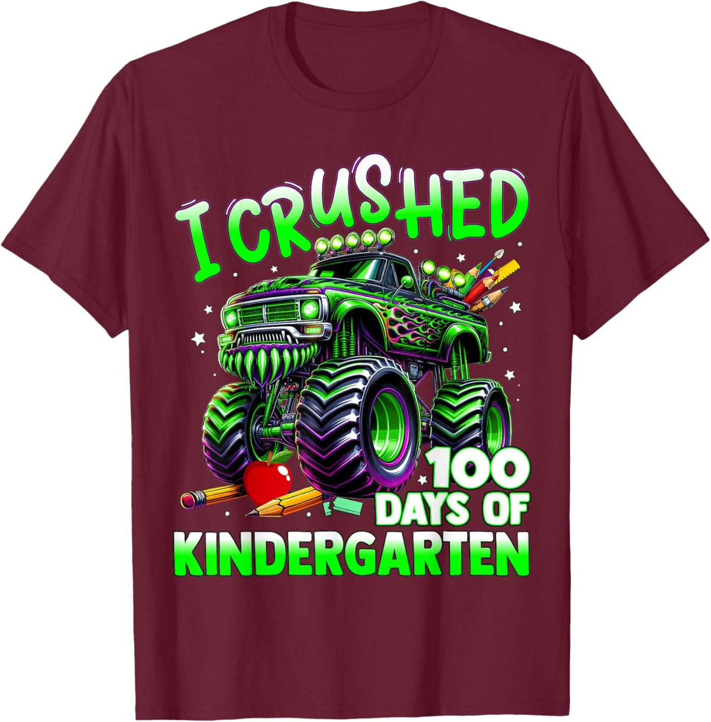 I Crushed 100 Days of Kindergarten Monster Truck School Boys T-Shirt - T-Shirt | Maroon