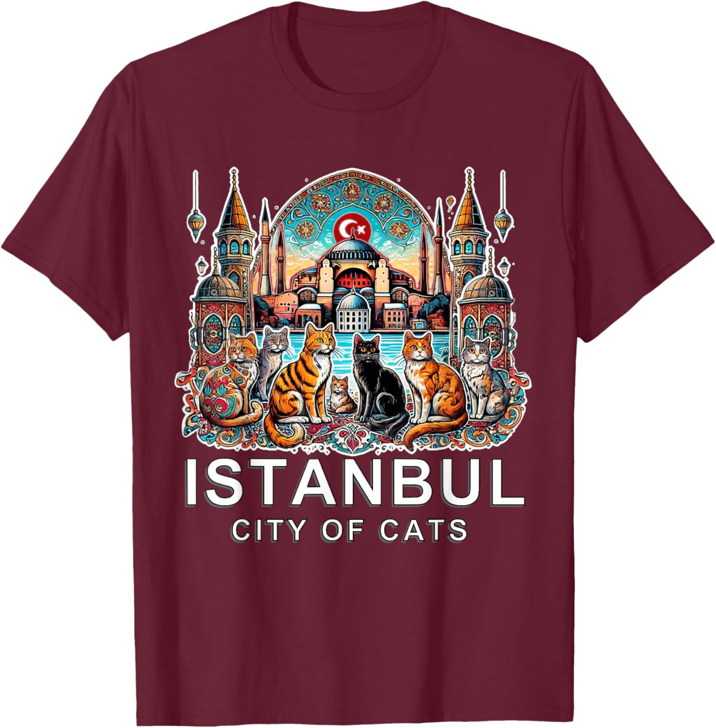 Travel to Istanbul - City of Cats, Turkey, White Font Ed T-Shirt - T-Shirt | Maroon