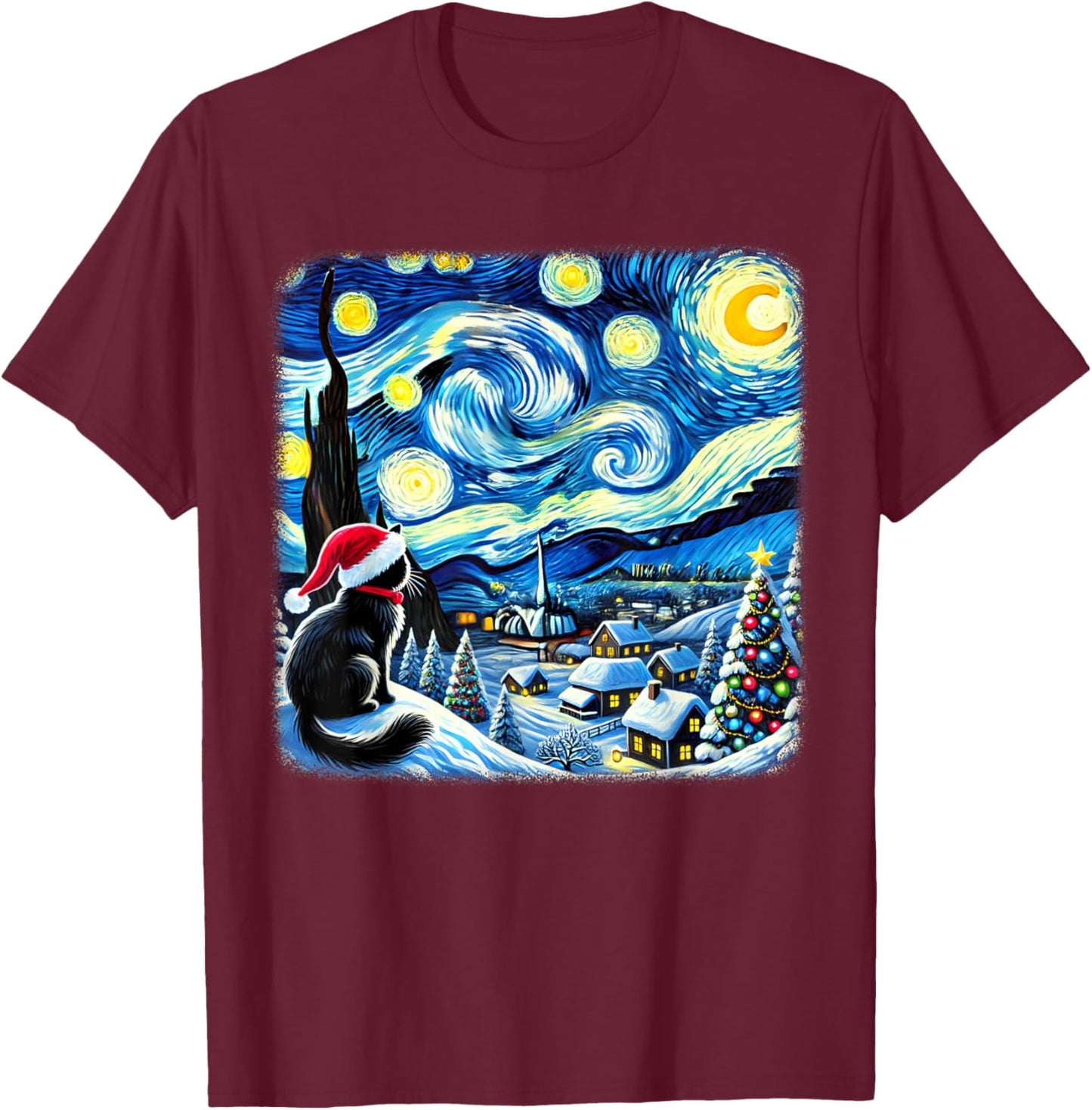Christmas Van Gogh Starry Night Black Cat Santa Hat Xmas Women Kids T-Shirt - T-Shirt | Maroon