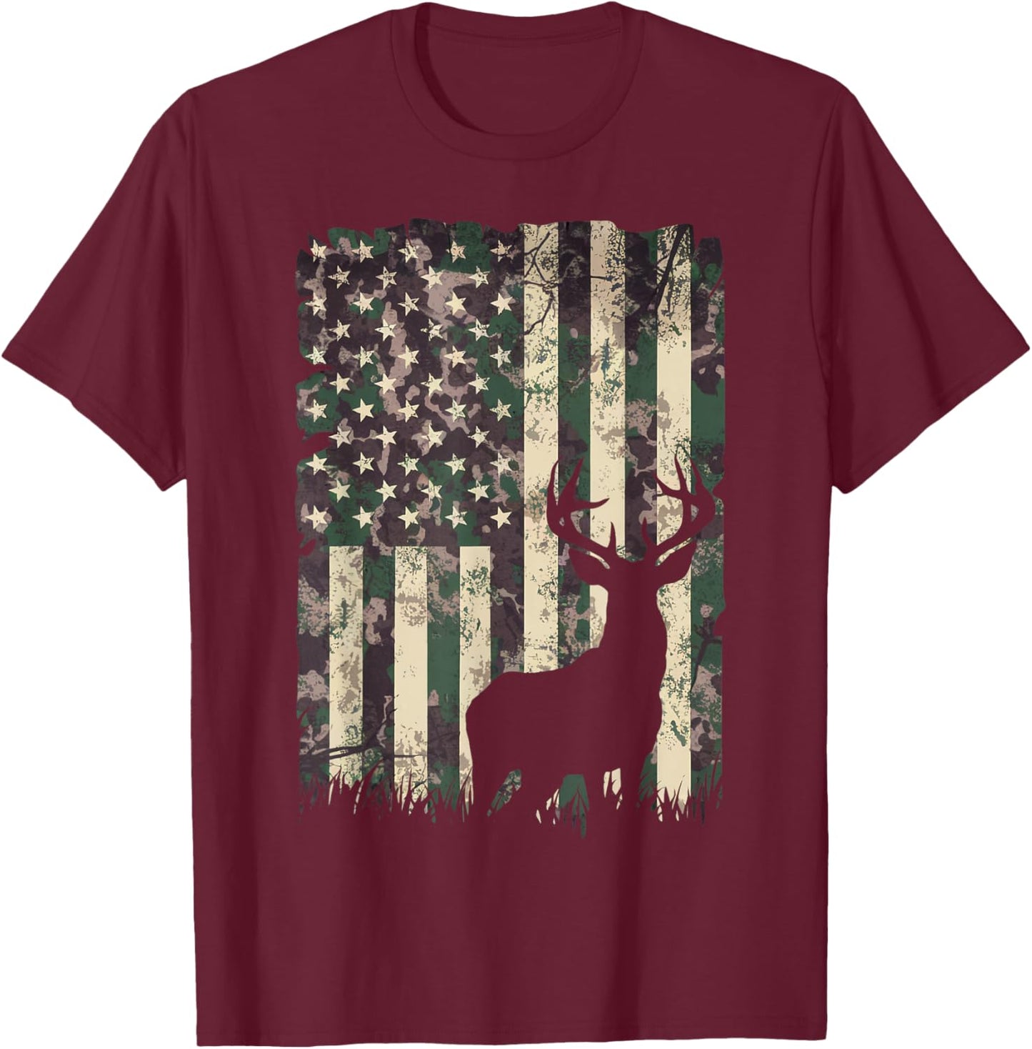 Camo US Flag Deer Camoflage Hunting Gifts Dad Hunter T-Shirt - T-Shirt | Maroon