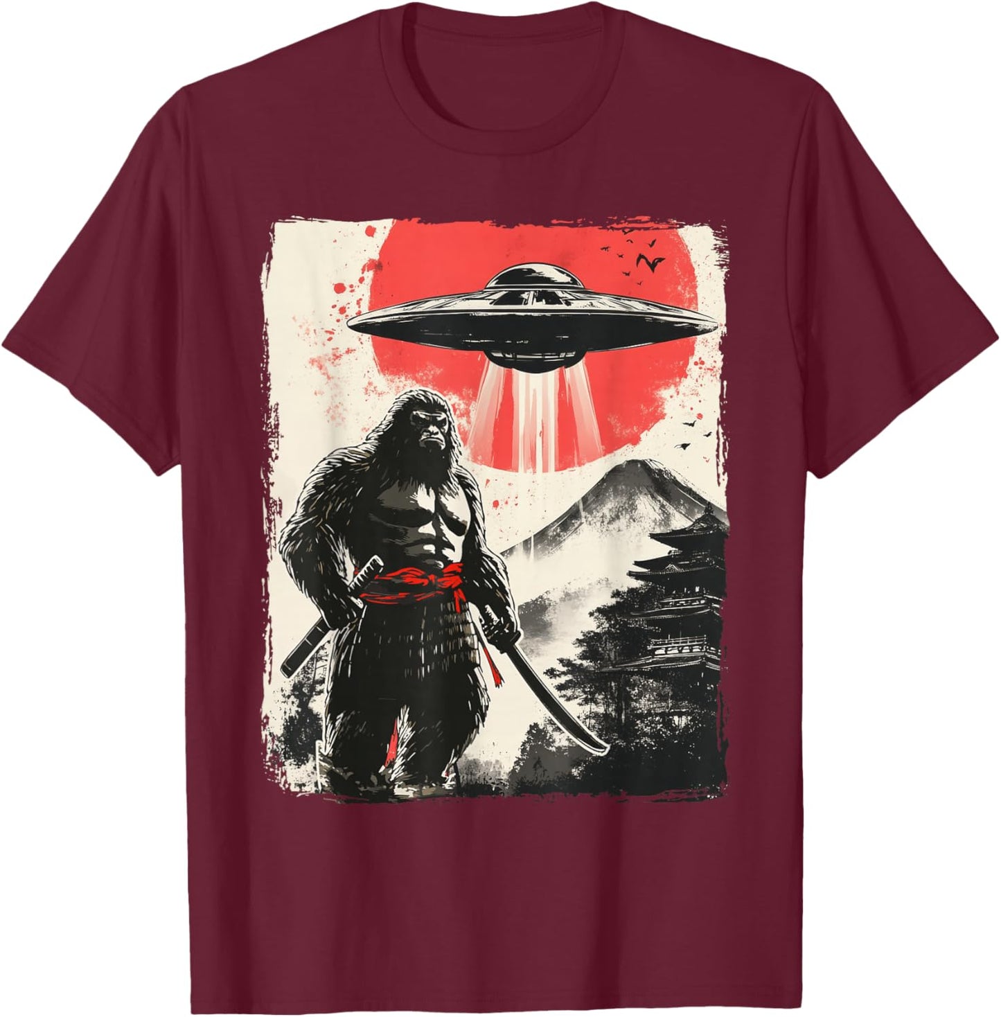Bigfoot Samurai UFO Japan T-Shirt - T-Shirt | Maroon