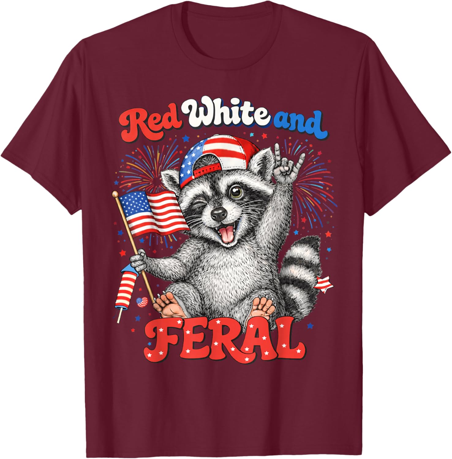 Red White Feral Raccoon Patriotic Men Women 4th of July T-Shirt - T-Shirt | Maroon