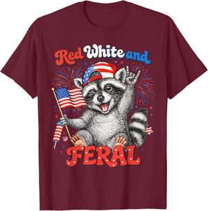 Red White Feral Raccoon Patriotic Men Women 4th of July T-Shirt - T-Shirt | Maroon