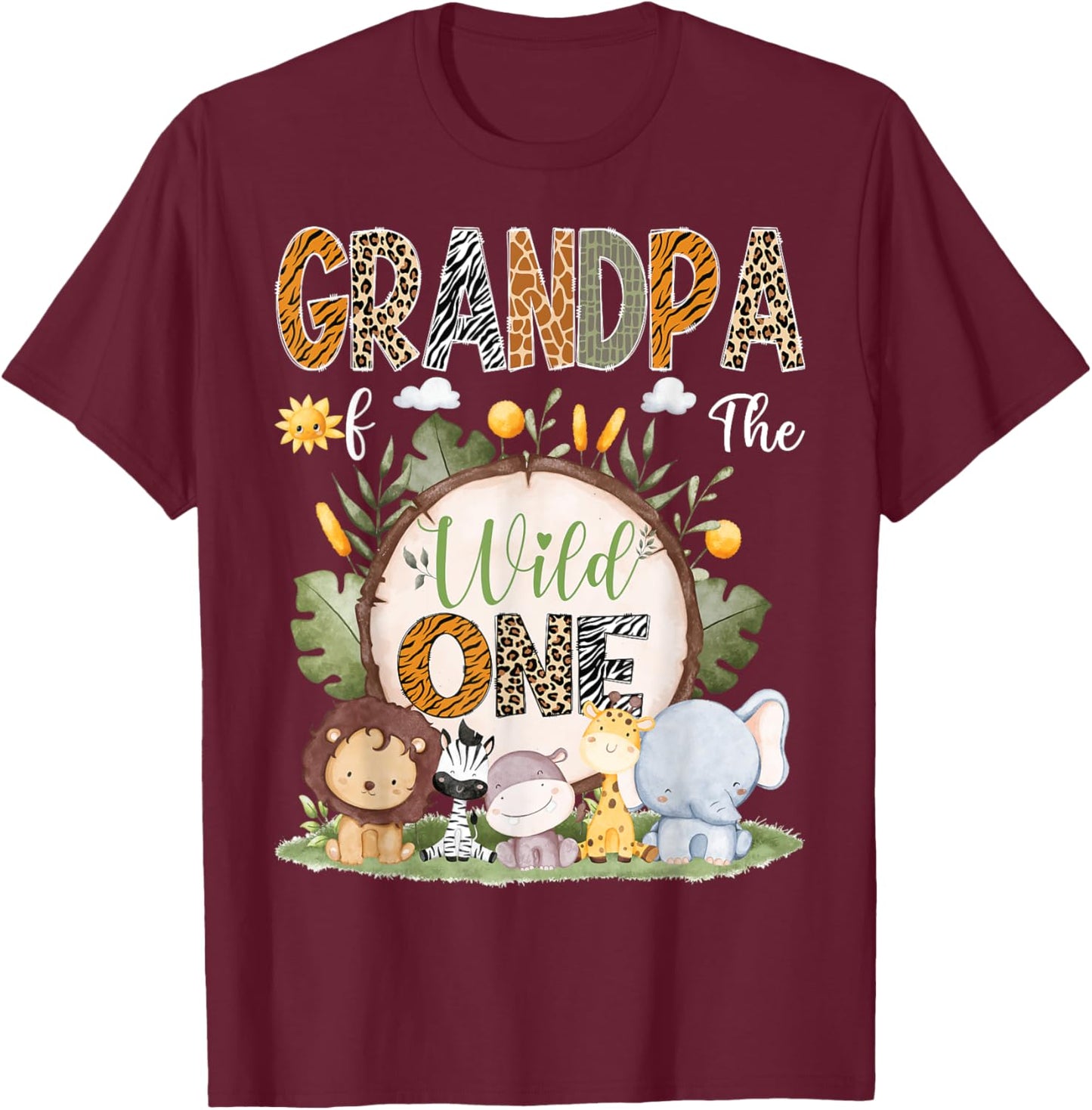 Grandpa Of The Wild One 1St Birthday Kids Safari Woodland T-Shirt - T-Shirt | Maroon