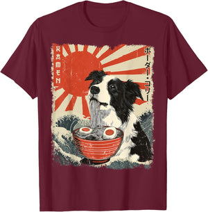 ボーダー・コリー Border Collie Dog Vintage Ramen Japanese Noodles T-Shirt - T-Shirt | Maroon