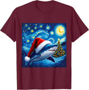 Christmas Shark Santa Hat Van Gogh Starry Night Holiday T-Shirt - T-Shirt | Maroon