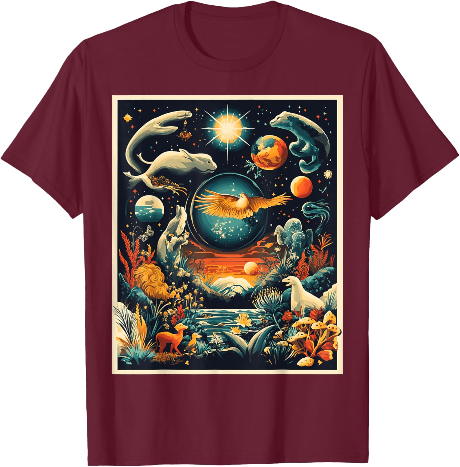 Whimsical Fantasy Nature Scene Art T-Shirt - T-Shirt | Maroon
