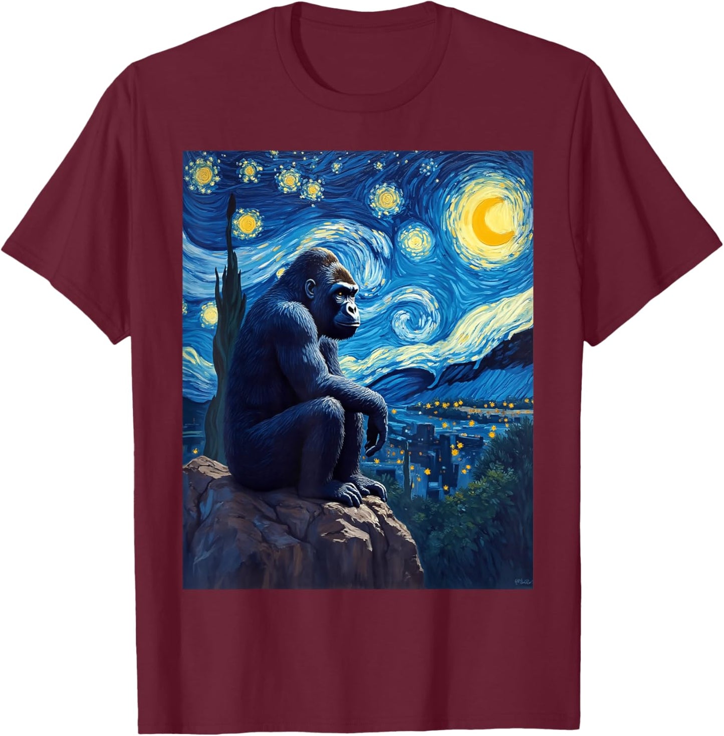 Van Gogh's Starry Night Gorilla Silverback Jungle King T-Shirt - T-Shirt | Maroon