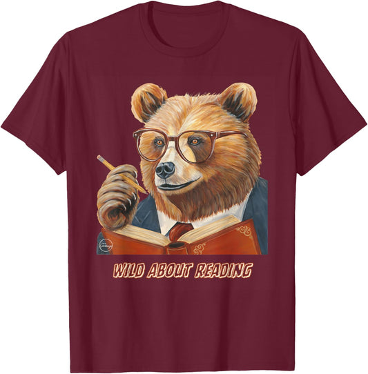Bear Reading Book Glasses Library Zoo Teacher School Animal T-Shirt - T-Shirt | Maroon