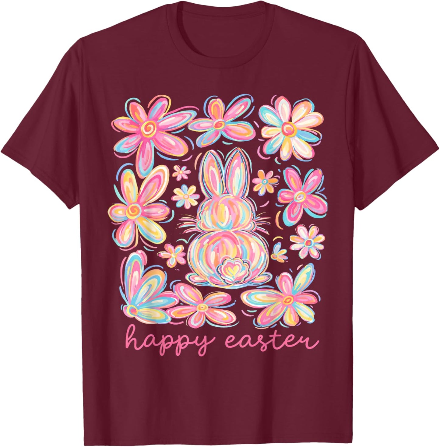 Floral Pink Bunny Cute Happy Easter Day Coquette Bow Flower T-Shirt - T-Shirt | Maroon