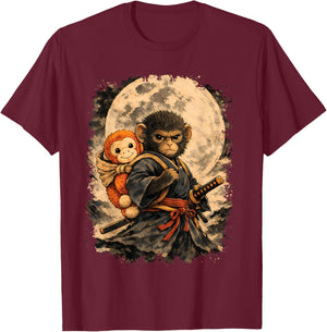 Vintage Punch Monkey Samurai Moon Japanese Ukiyo-e Art T-Shirt - T-Shirt | Maroon