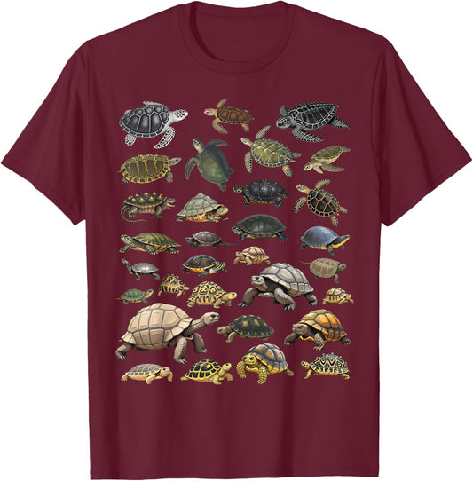 Types of Turtles Sea, Freshwater & Tortoises Species Char T-Shirt - T-Shirt | Maroon