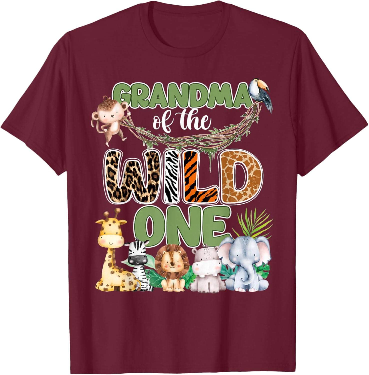 Grandma of The Wild One 1St Birthday Family Safari Jungle T-Shirt - T-Shirt | Maroon