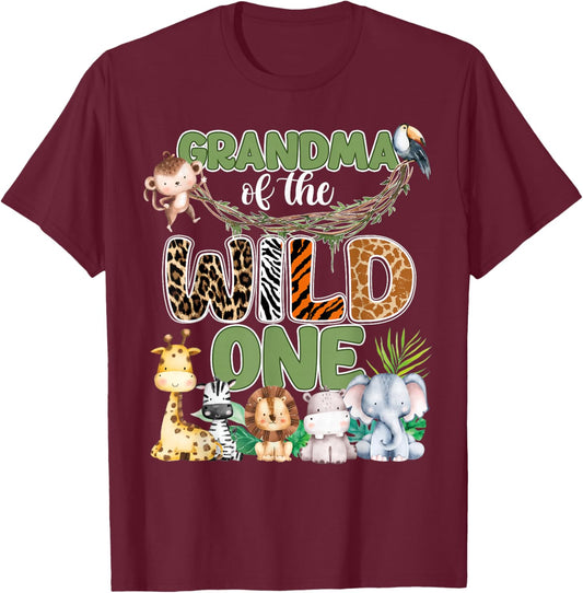 Grandma of The Wild One 1St Birthday Family Safari Jungle T-Shirt - T-Shirt | Maroon