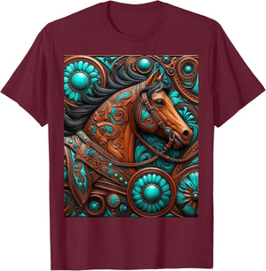 Turquoise and Chocolate Tooled Horse T-Shirt - T-Shirt | Maroon