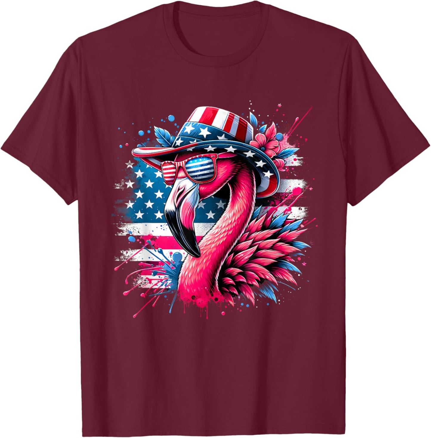 Flamingo 4th of July US American Flag Sunglasses Patriotic T-Shirt - T-Shirt | Maroon