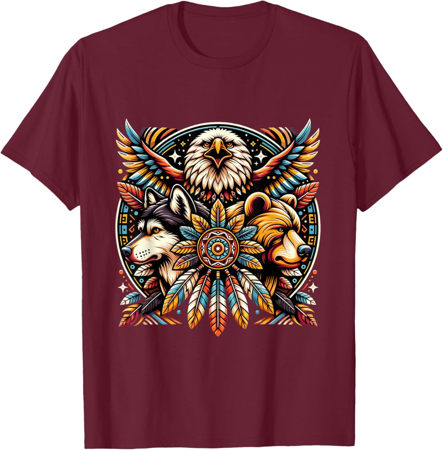 Native American Tribal Animals Bear Wolf Eagle Bohemian T-Shirt - T-Shirt | Maroon