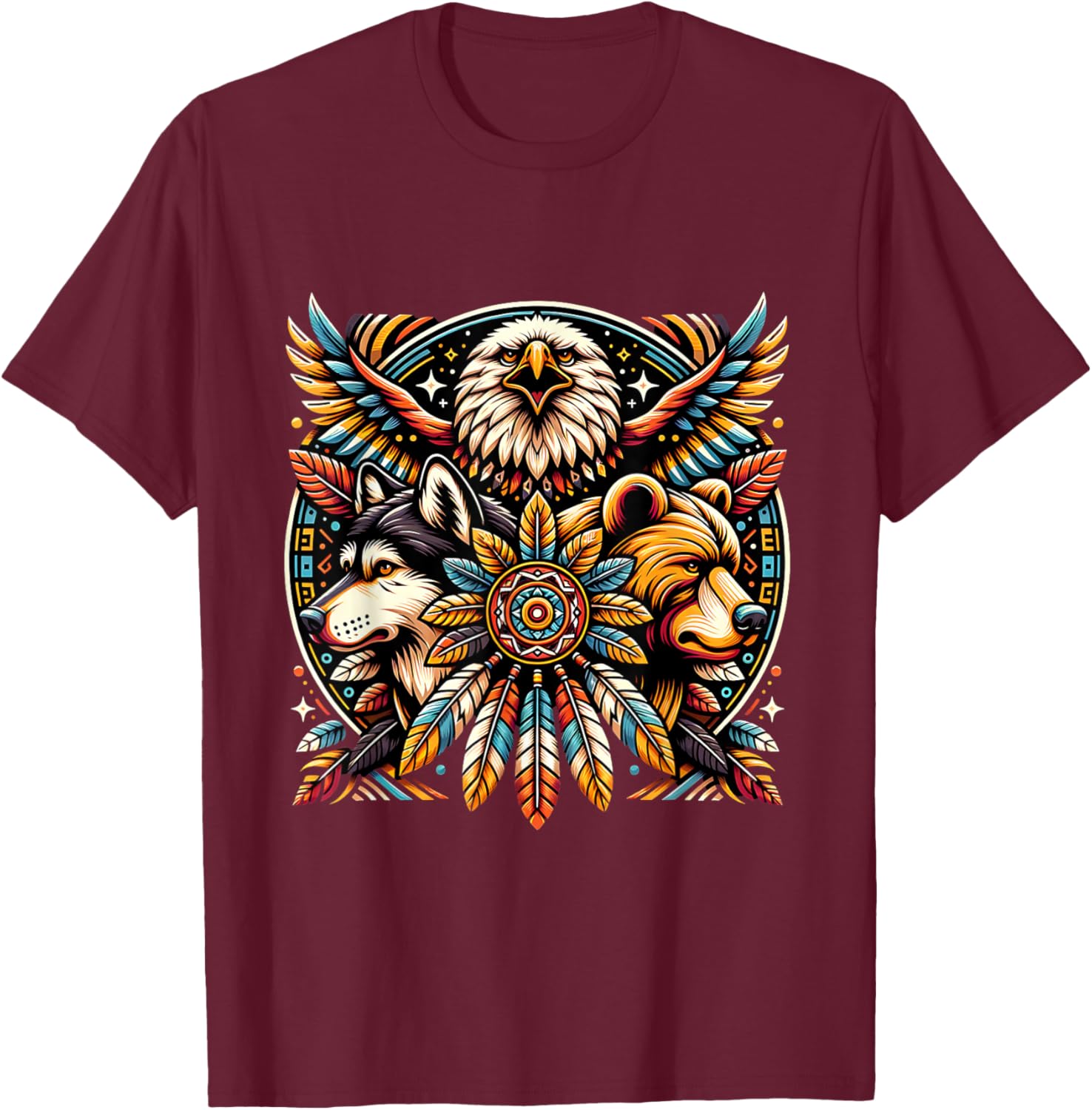 Native American Tribal Animals Bear Wolf Eagle Bohemian T-Shirt - T-Shirt | Maroon