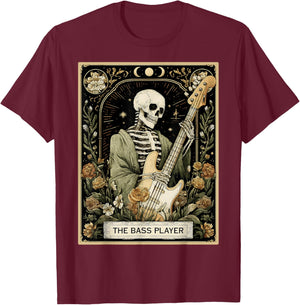The Bassist, Bassist, Guitarist, Guitar, Tarot Card, Skeleton T-Shirt - T-Shirt | Maroon