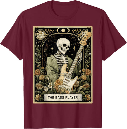 The Bassist, Bassist, Guitarist, Guitar, Tarot Card, Skeleton T-Shirt - T-Shirt | Maroon