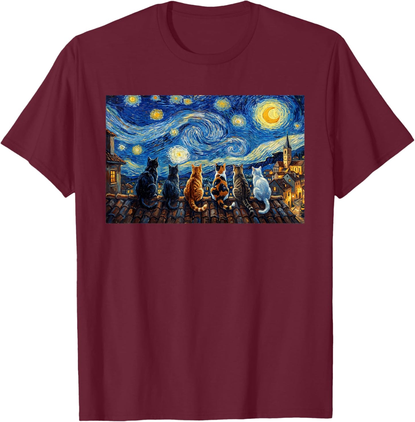 Funny Cat Starry Night Van Gogh Cats Rooftop Scene Feline T-Shirt - T-Shirt | Maroon