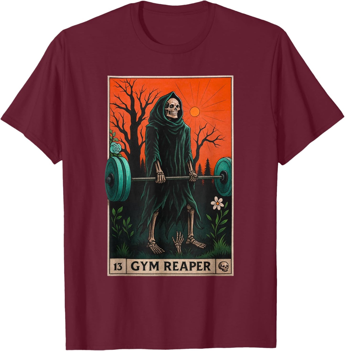 Gym Reaper Deadlifts Weightlifting Workout Occult Tarot Card T-Shirt - T-Shirt | Maroon
