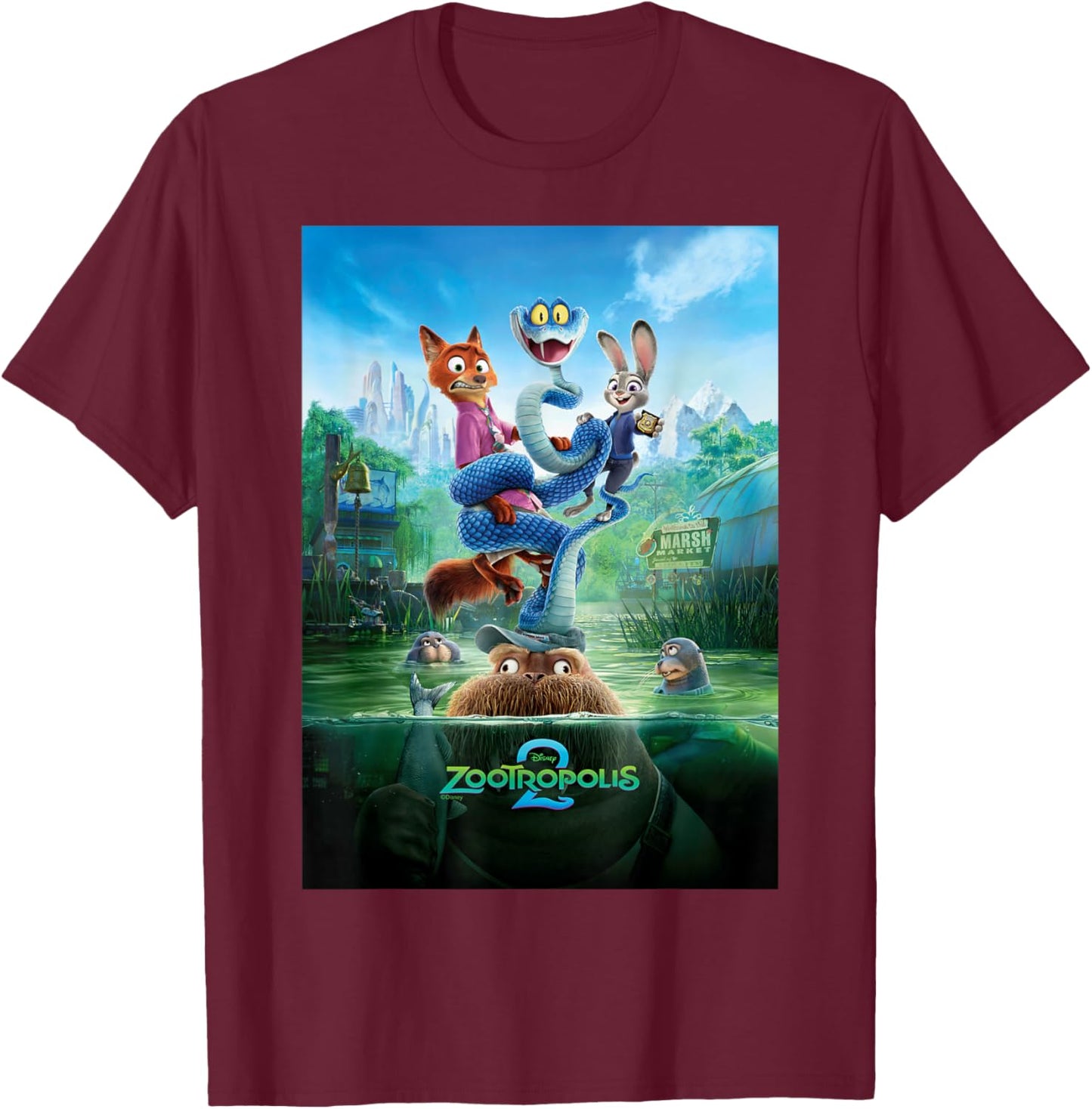 Disney Zootropolis 2 Nick Judy Gary Russ Marsh Market Poster T-Shirt - T-Shirt | Maroon