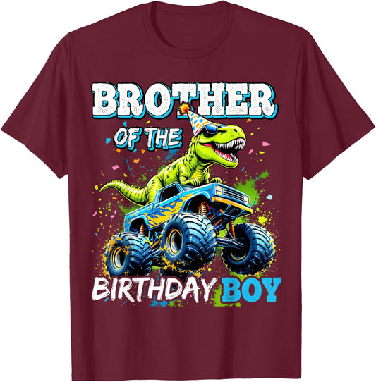 Brother of The Birthday Boy Monster Truck Dinosaur Party T-Shirt - T-Shirt | Maroon