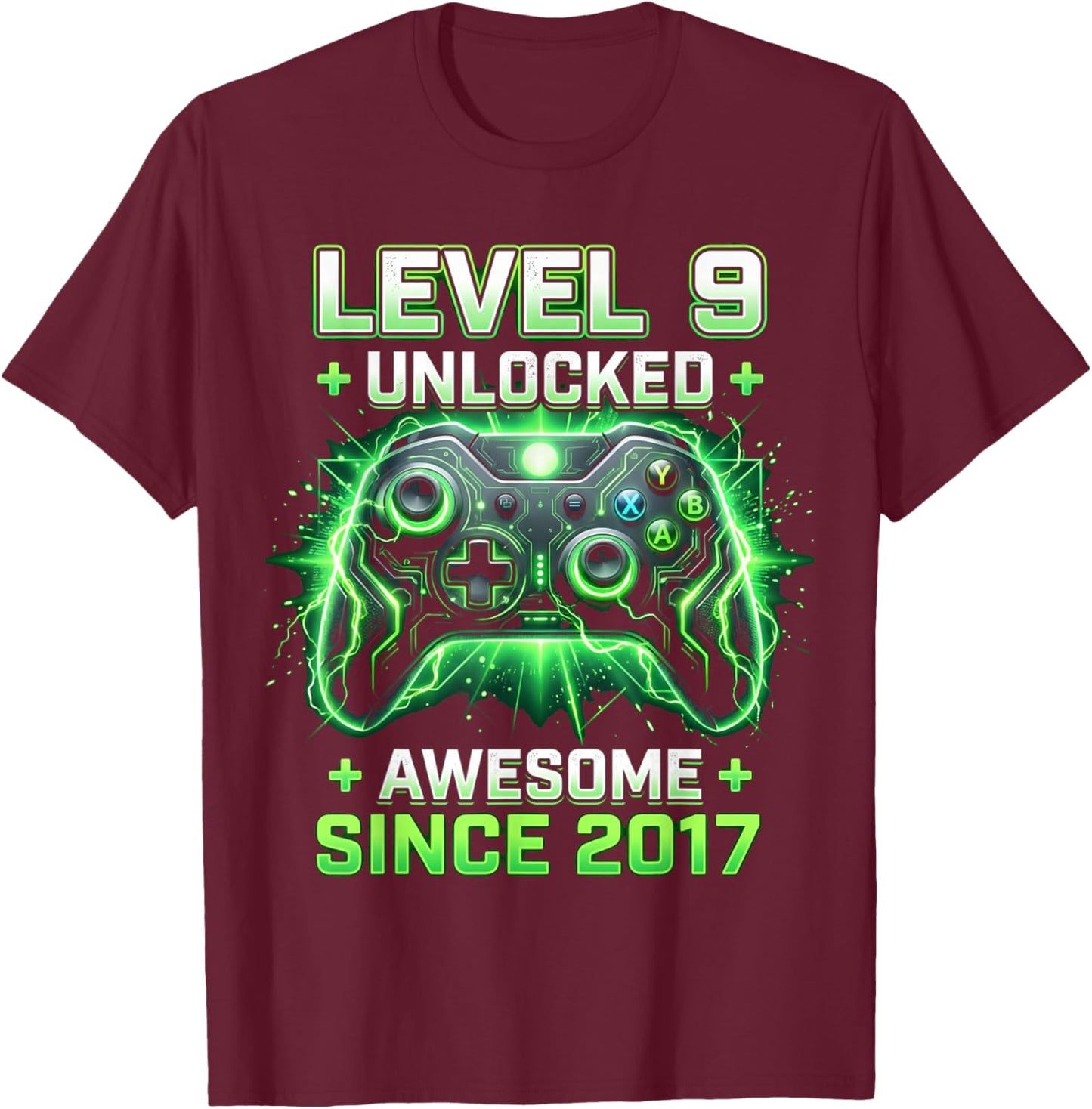 Level 9 Unlocked Awesome Since 2017 9th Birthday Boy Gamer T-Shirt - T-Shirt | Maroon