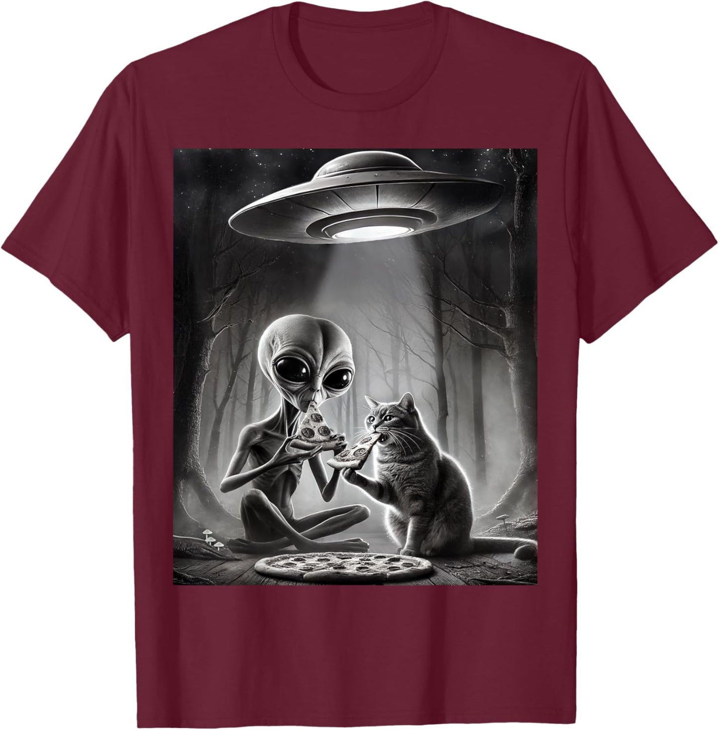 Funny Alien Cat Eating Pizza With UFO Spaceship Cryptid Meme T-Shirt - T-Shirt | Maroon