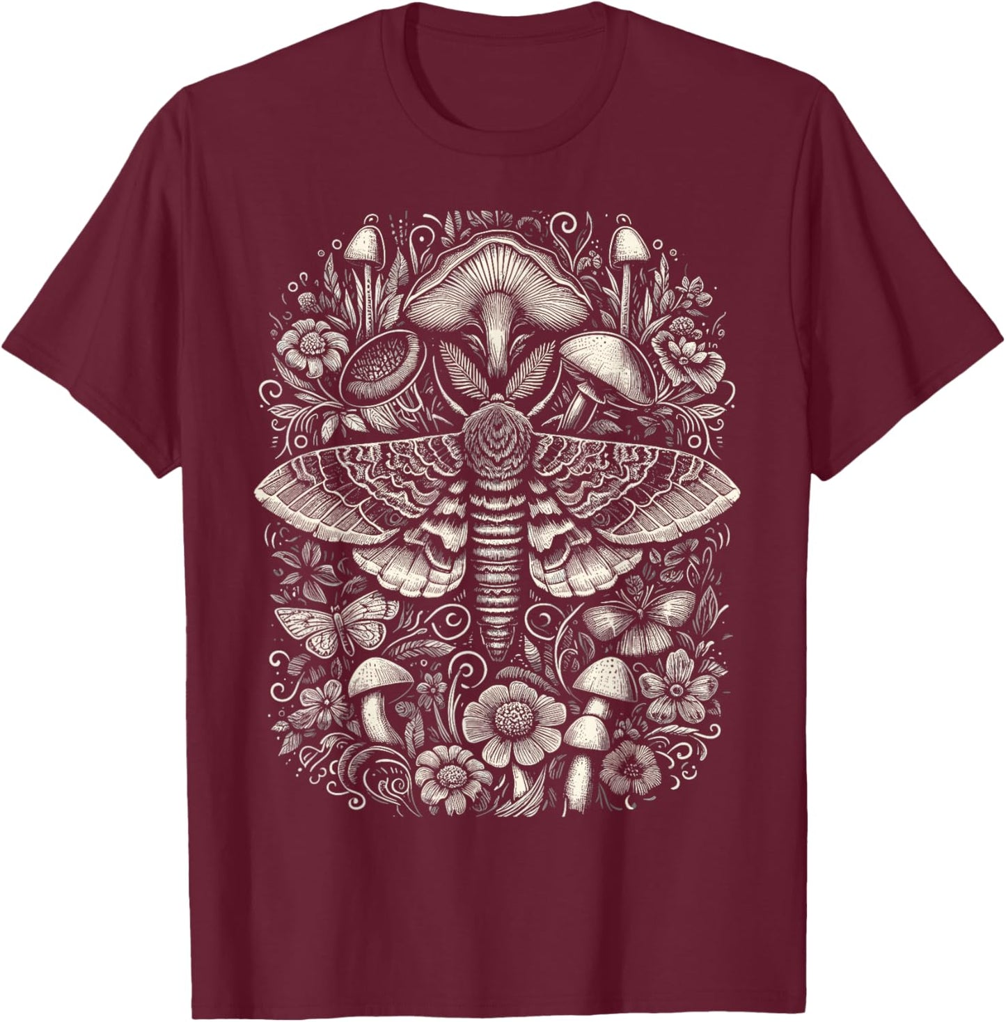 Cute Fairycore Floral Moth Aesthetic T-Shirt - T-Shirt | Maroon