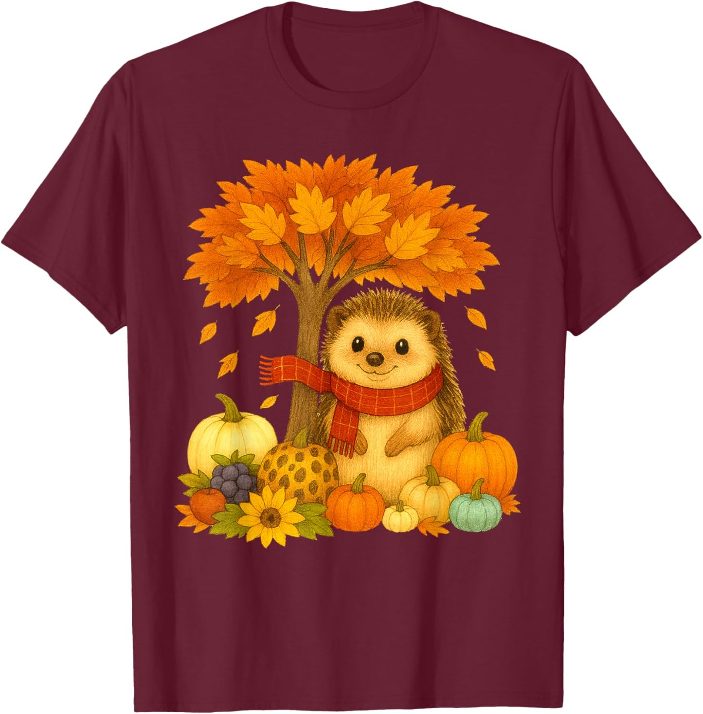 Thanksgiving Autumn Fall Hedgehog Leaf Fall Tree T-Shirt - T-Shirt | Maroon