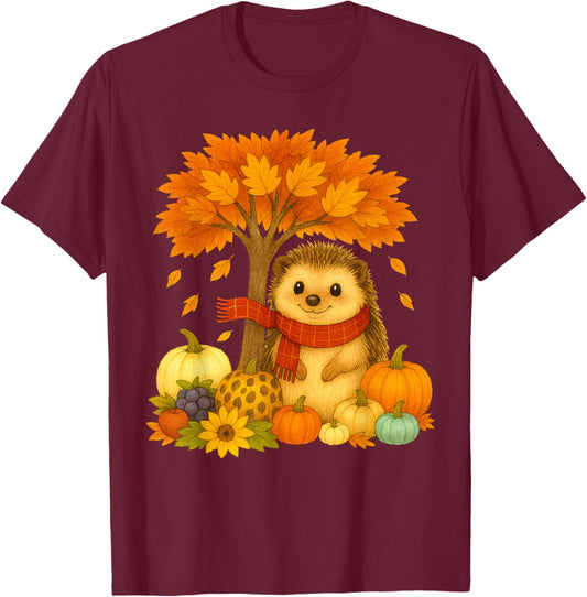 Thanksgiving Autumn Fall Hedgehog Leaf Fall Tree T-Shirt - T-Shirt | Maroon
