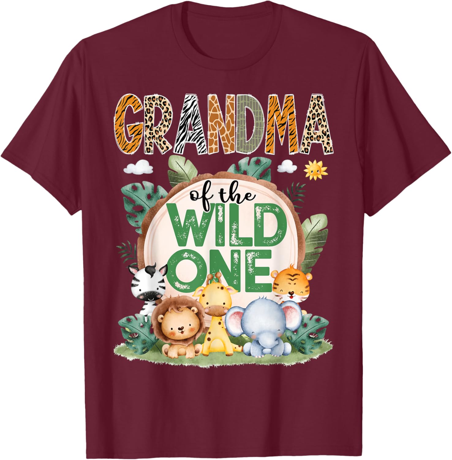 Grandma Of The Wild One Safari Jungle 1St Birthday Party T-Shirt - T-Shirt | Maroon