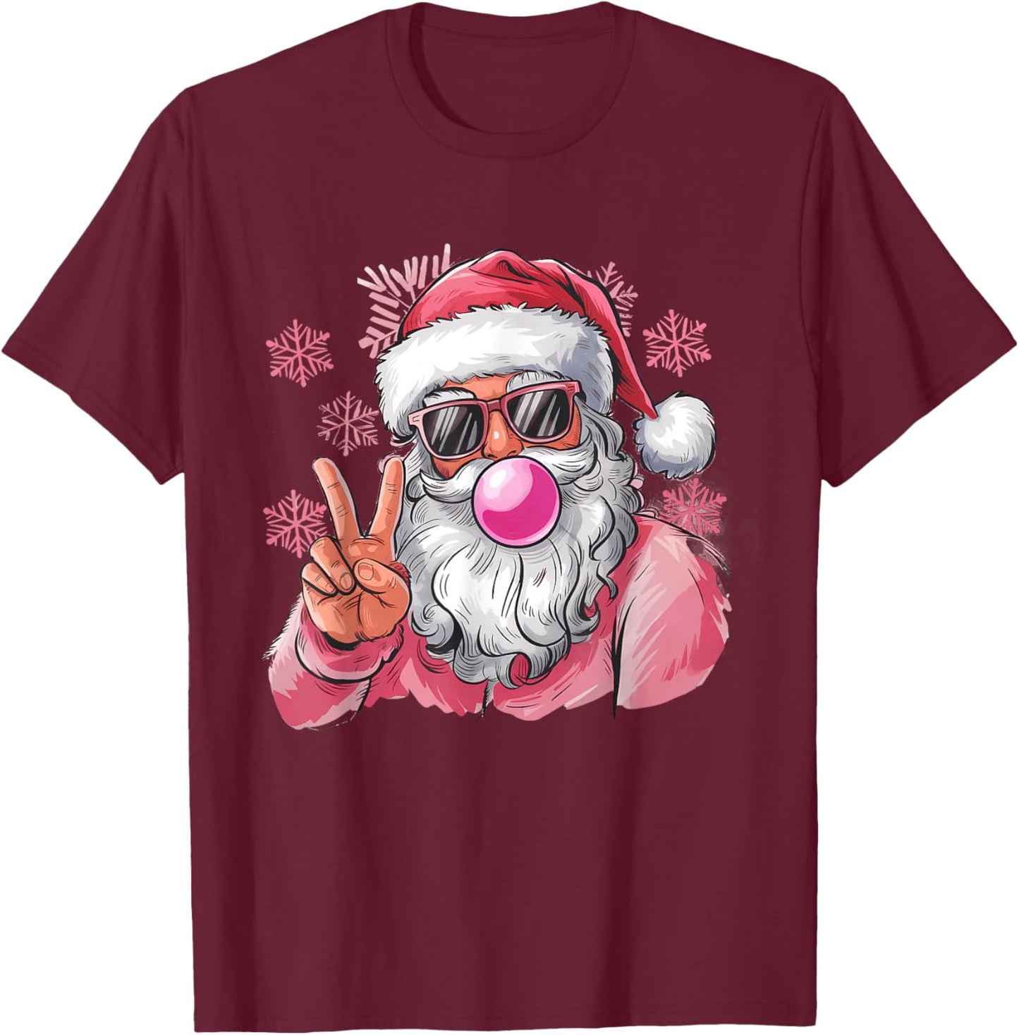 Retro Santa Christmas Blowing Bubble Pink Santa Xmas Funny T-Shirt - T-Shirt | Maroon