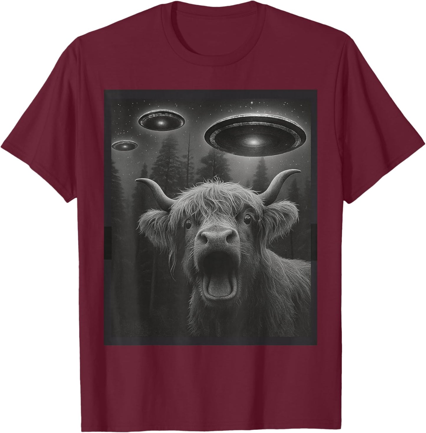 Funny Highland Cow Selfie Alien UFO Gifts Women Kid T-Shirt - T-Shirt | Maroon