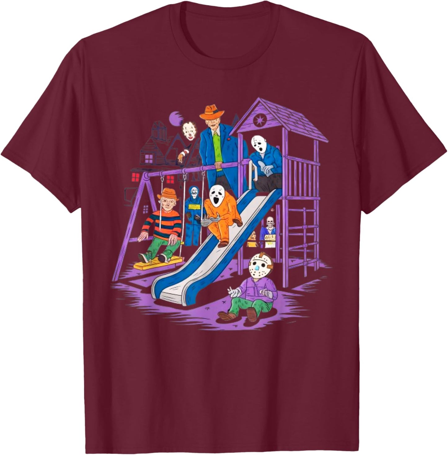 Horror Clubhouse In Park Halloween 2025 Costume Present T-Shirt - T-Shirt | Maroon