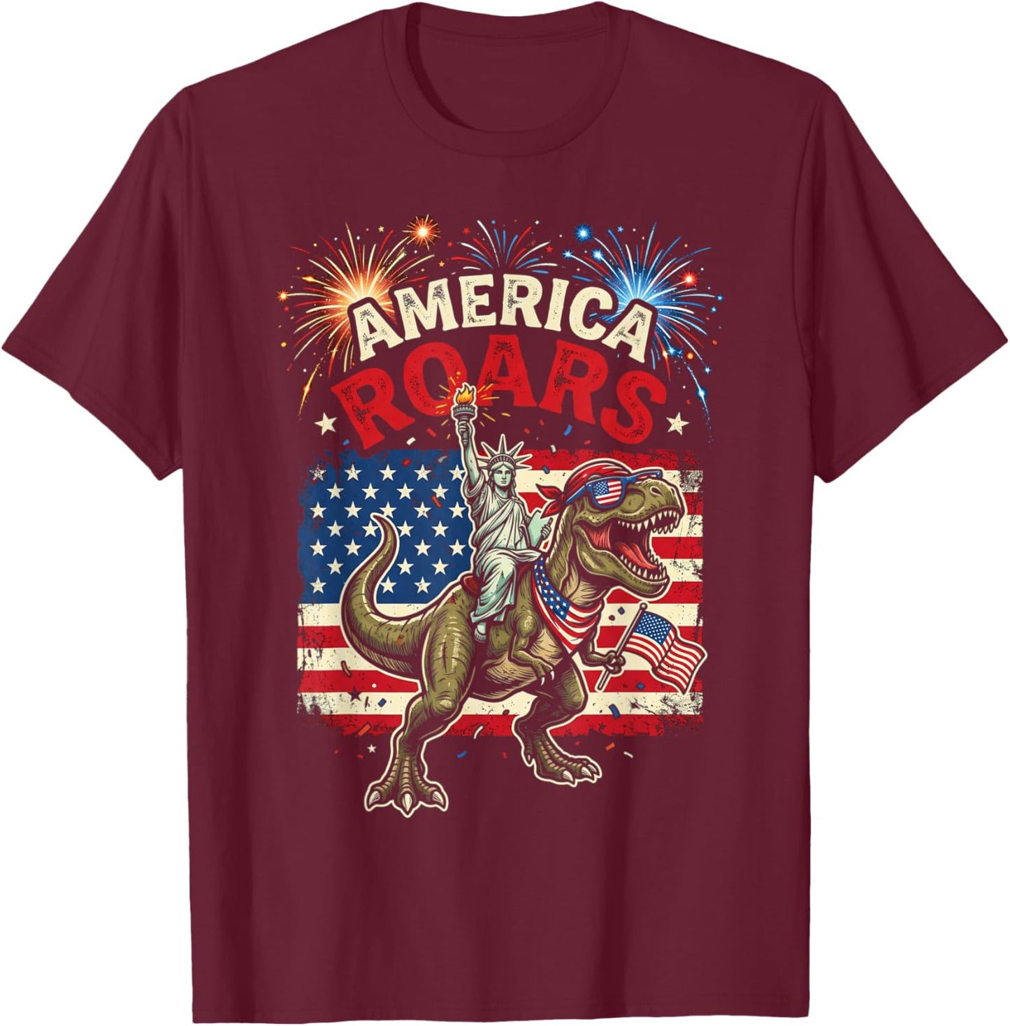 Statue of Liberty American Dinosaur Funny 4th of July Boys T-Shirt - T-Shirt | Maroon