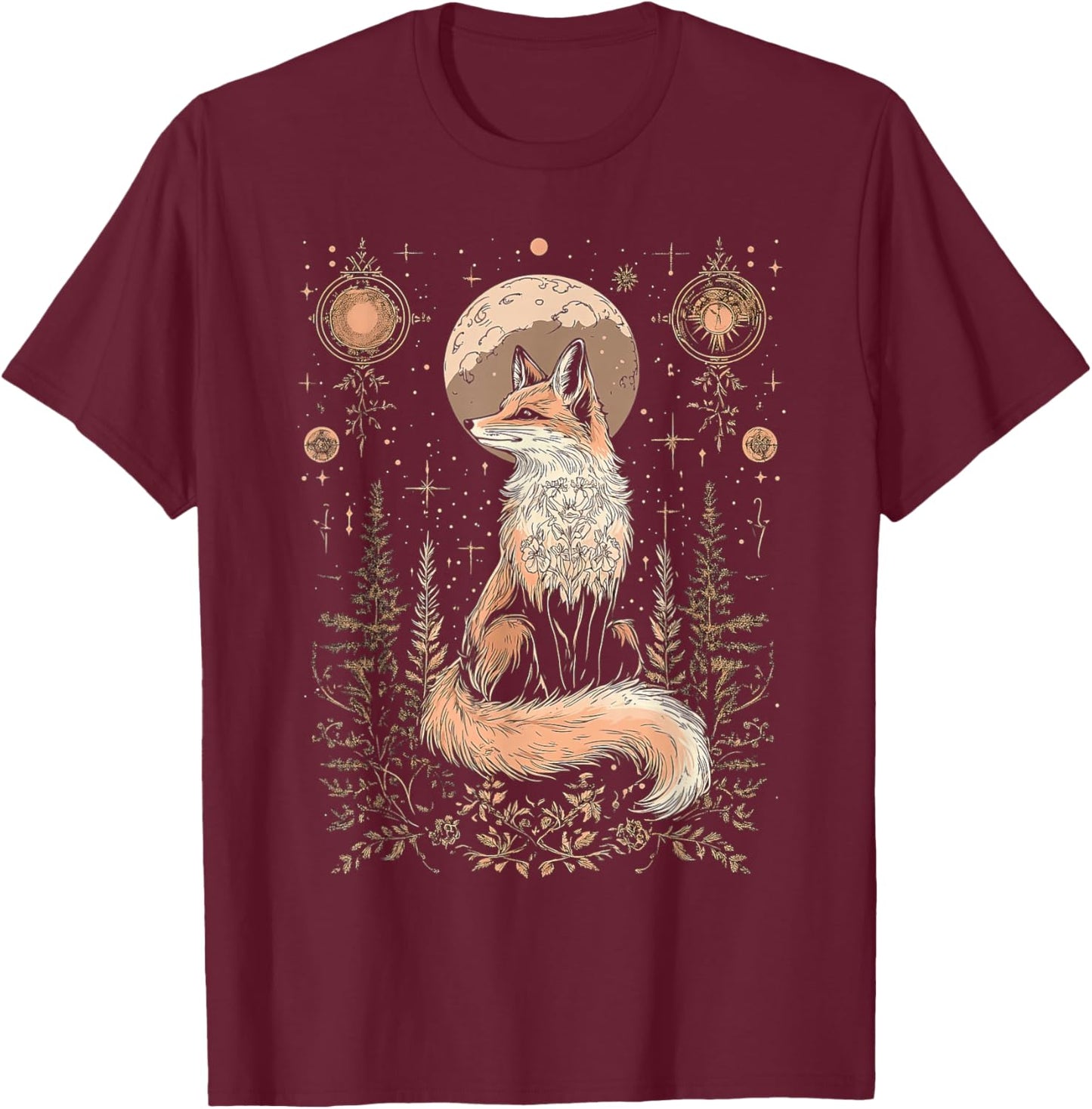 Mystic Moon and Moonphase Fox Mystical Flowers Aesthetic T-Shirt - T-Shirt | Maroon