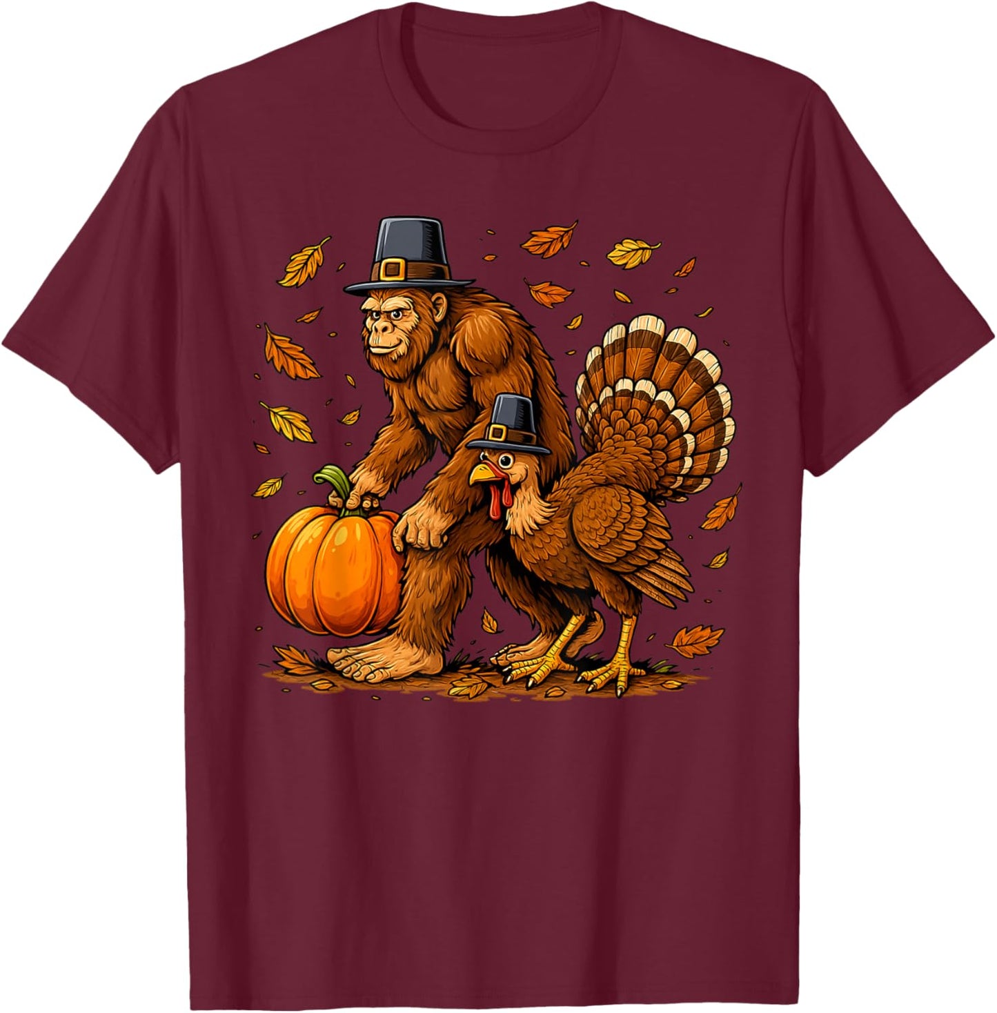 Bigfoot Pilgrim Turkey Pumpkin Thanksgiving Sasquatch T-Shirt - T-Shirt | Maroon