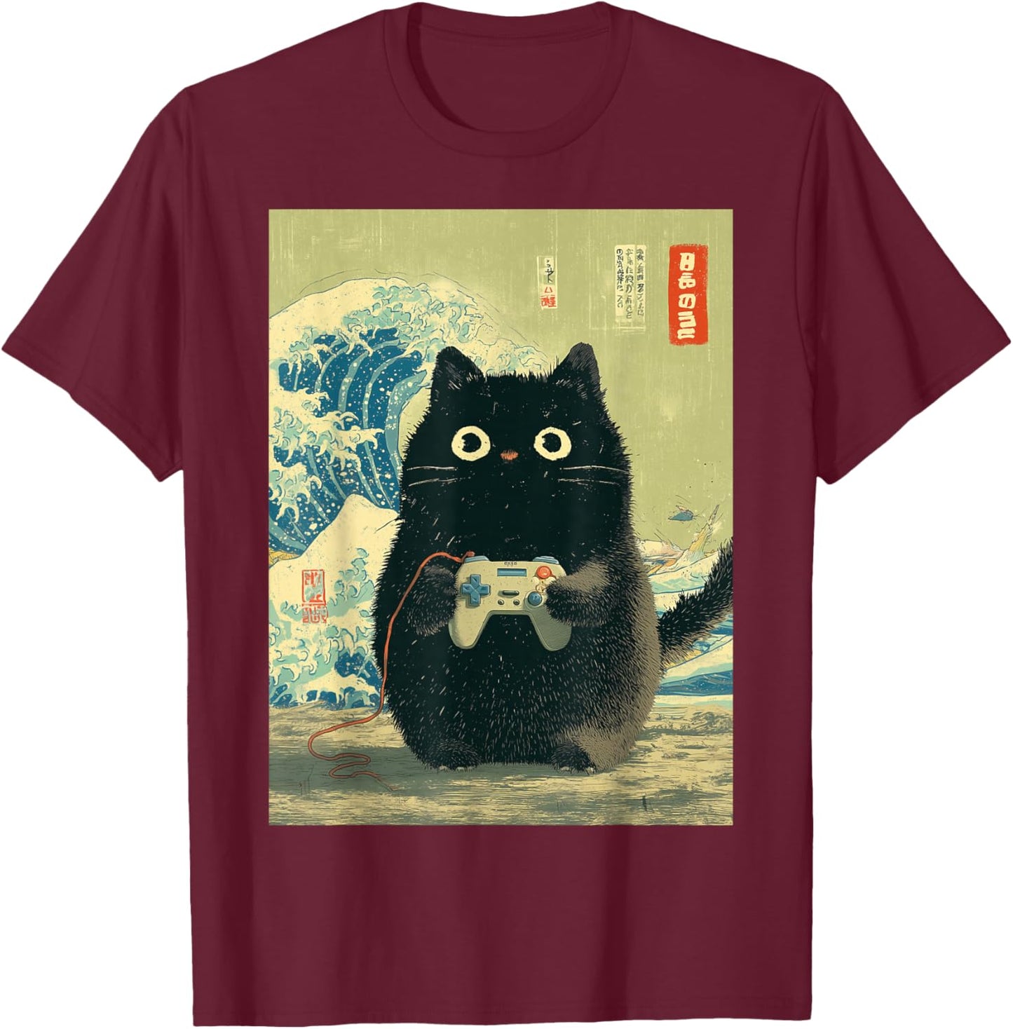 Video Games Japanese Black Gamer Cat Great Wave Cat Dad T-Shirt - T-Shirt | Maroon