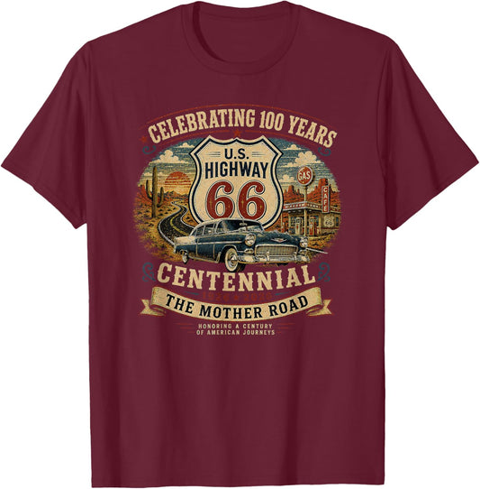 Vintage Highway 66 100 Year Centennial Anniversary Souvenir T-Shirt - T-Shirt | Maroon