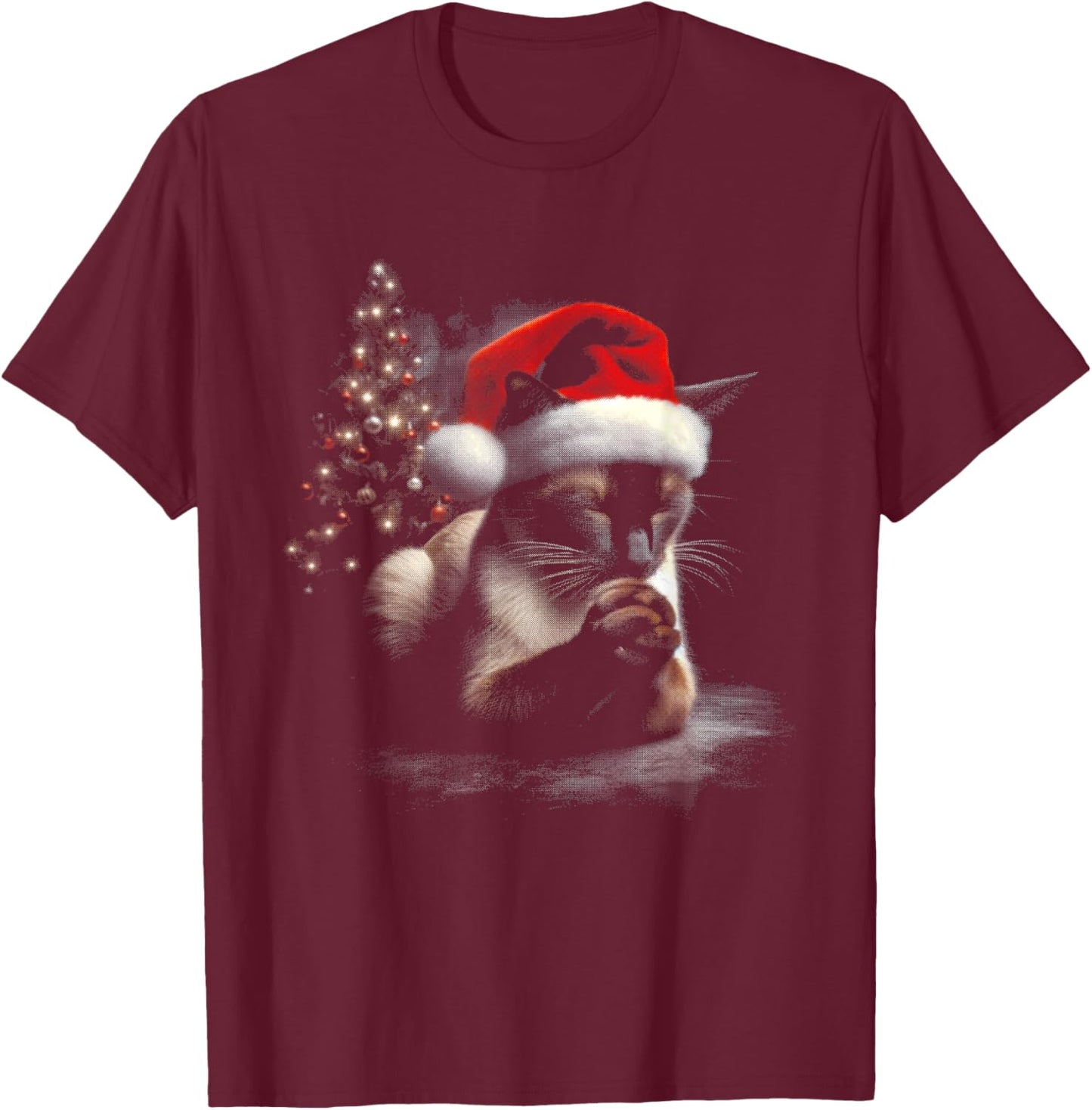 Siamese Cat Santa Hat - Vintage Cat Xmas Christmas Lover T-Shirt - T-Shirt | Maroon